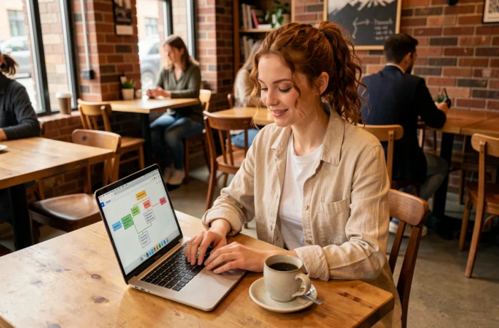 Jeune femme utilisant un ordinateur portable pour explorer un plan de site dans un café parisien