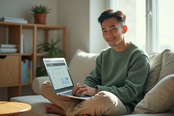 Jeune professionnel naviguant sur le plan du site d'un média en ligne depuis un canapé à domicile