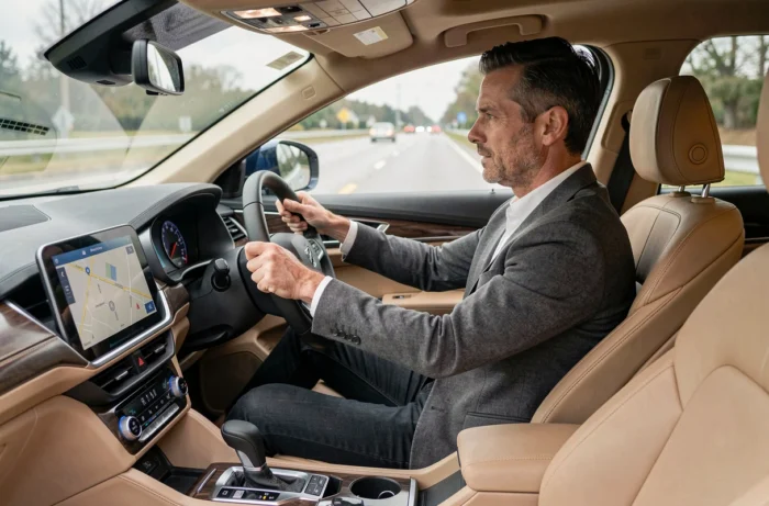 Journaliste automobile masculin au volant d'un SUV moderne lors d'un essai routier sur autoroute suburbaine