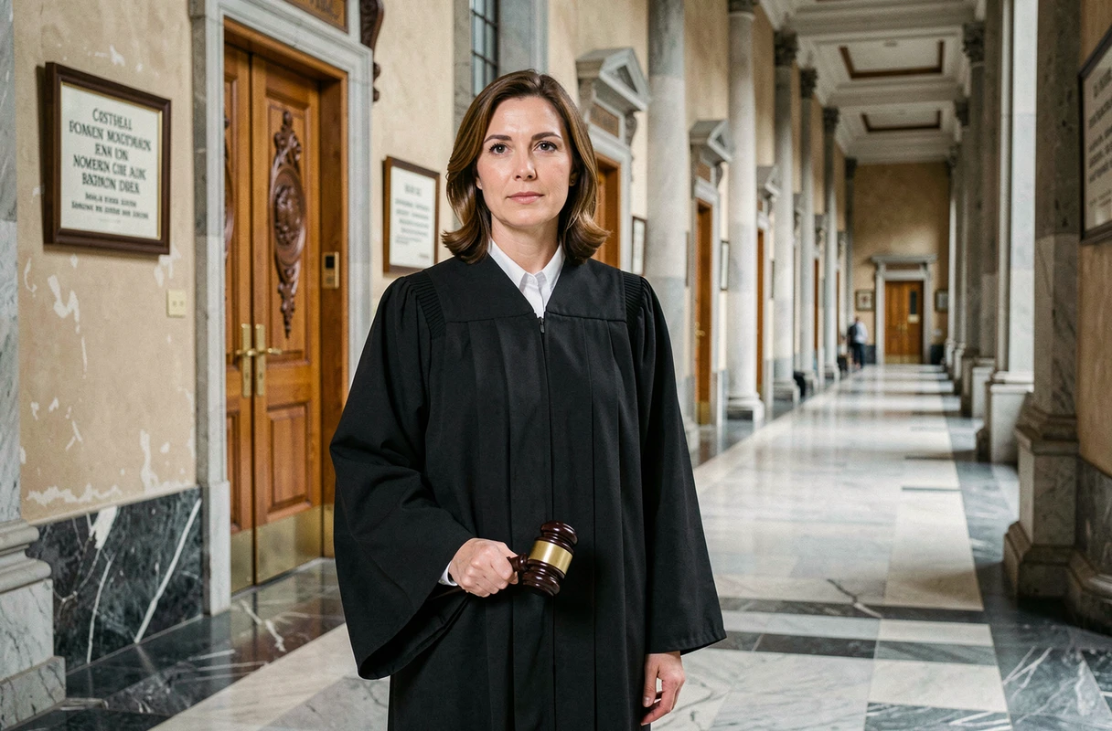 Juge en robe noire tenant un marteau dans un couloir de palais de justice aux colonnes en marbre
