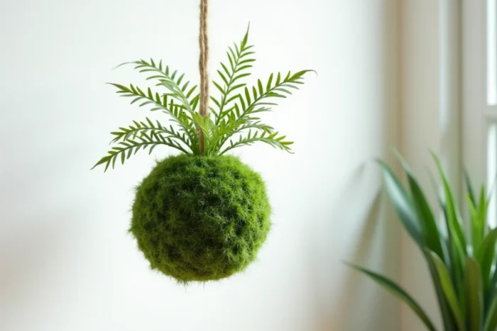 Kokedama de fougère suspendu par une ficelle en jute devant un mur blanc, avec la sphère de mousse verte et les frondes en détail