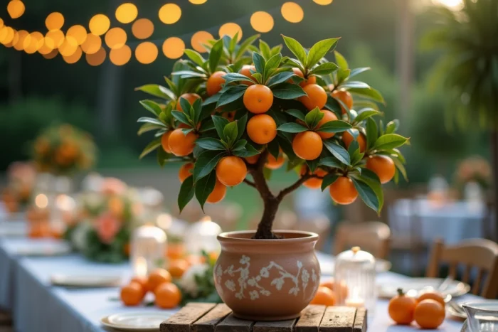 Agrume nain kumquat chargé de petits fruits oranges dans un pot céramique décoratif sur une caisse en bois à un mariage en plein air