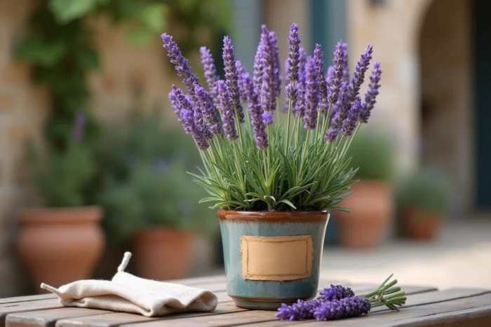 Lavande en pot céramique sur une table en bois avec des tiges de lavande séchées et un sachet en lin, ambiance Provence