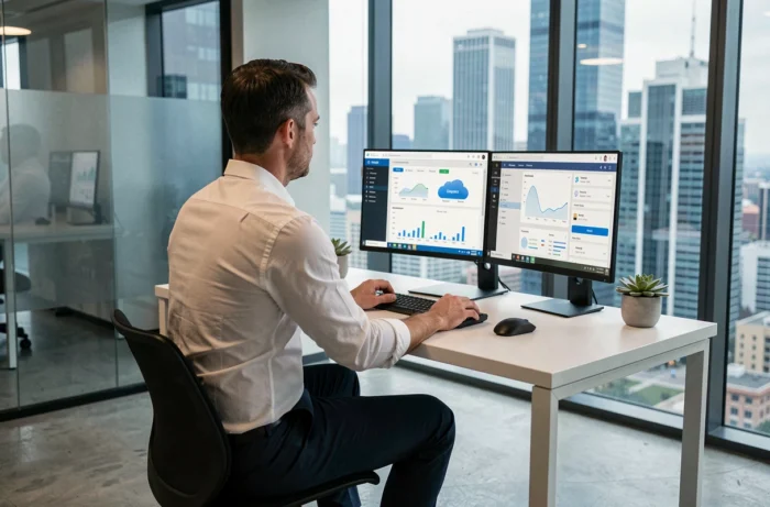 Manager analysant des tableaux de bord numériques sur double écran dans un bureau moderne avec vue sur la ville pour optimiser la transition digitale de son entreprise