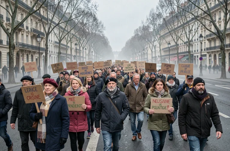 Manifestation citoyenne pacifique sur un boulevard parisien avec des participants tenant des pancartes revendicatives
