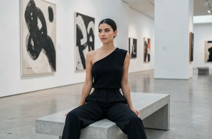 Mannequin élégante aux cheveux noirs dans une galerie d'art contemporaine, portrait éditorial mode et sophistiqué