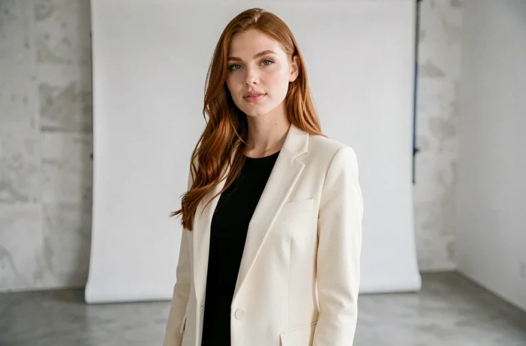 Mannequin russe aux cheveux auburn posant en blazer crème dans un studio photo minimaliste, portrait éditorial élégant