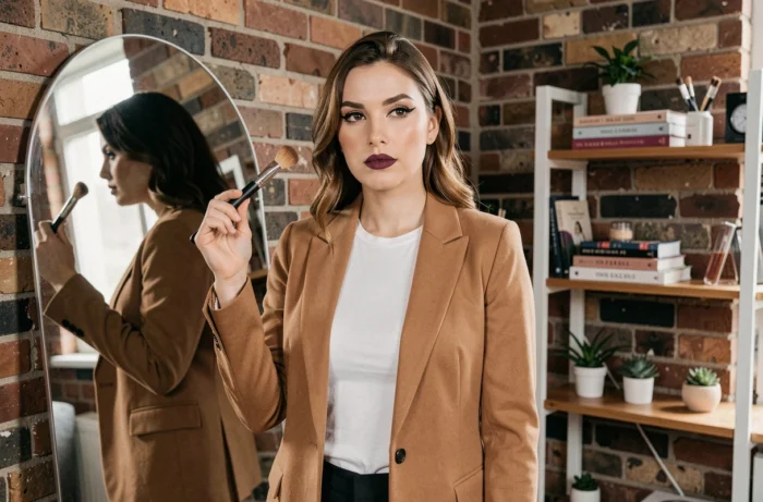 Vrouw met trendy grafische make-up voor een spiegel in een stedelijk appartement met zichtbare bakstenen muren