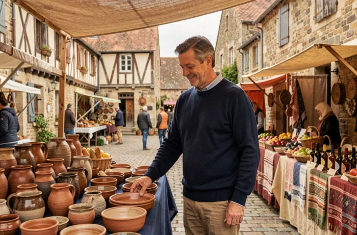 Homme explorant les étals d'un marché artisanal breton dans un village médiéval aux pavés en granit