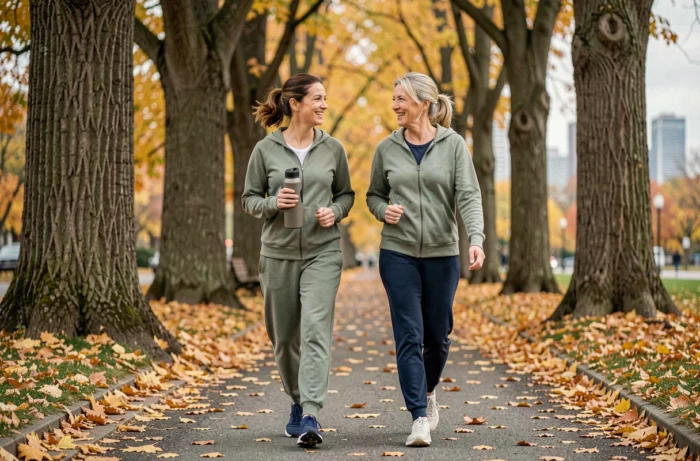 Twee vrouwen die samen in een stedelijk park in de herfst wandelen, wat het belang van fysieke activiteit en sociale verbinding voor de gezondheid vertegenwoordigt
