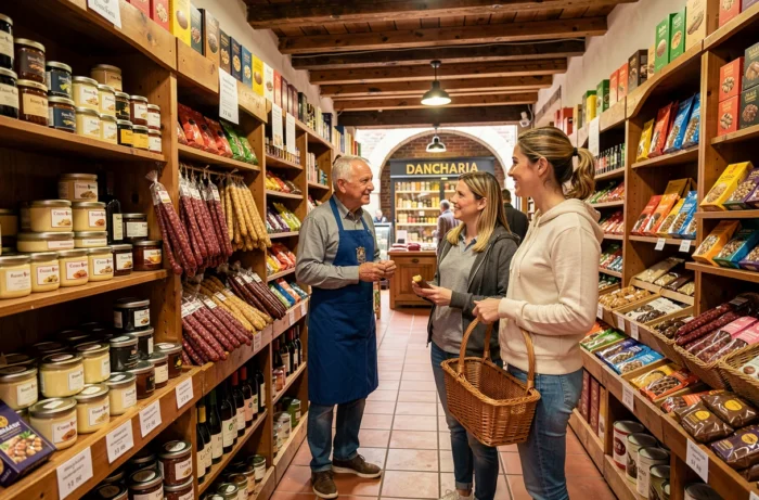 Étal de marché couvert à Dancharia proposant des produits régionaux basques et gastronomiques espagnols