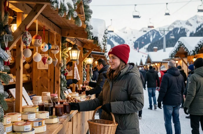 Belebter Weihnachtsmarkt am Fuß der Pisten von Les Menuires Croisette mit Holzchalet, festlichen Dekorationen und winterlicher Bergatmosphäre