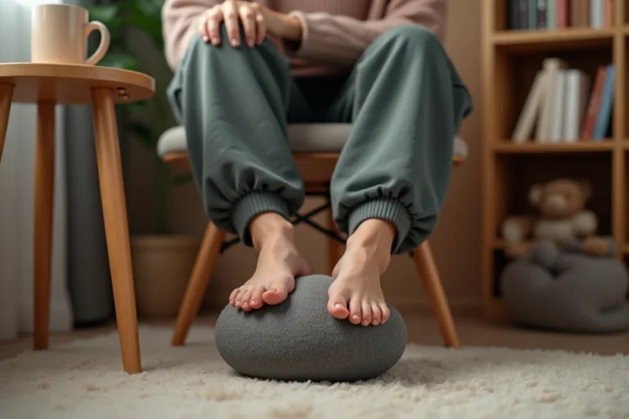 Femme utilisant une balle de massage sous le pied pour stimuler la circulation plantaire à la maison