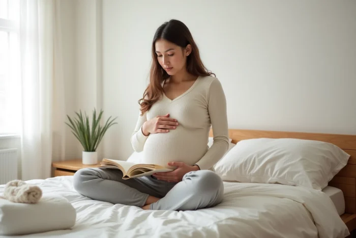 Femme enceinte lisant sur un lit minimaliste aux draps blancs, ambiance chambre cosy et maternité zen au quotidien