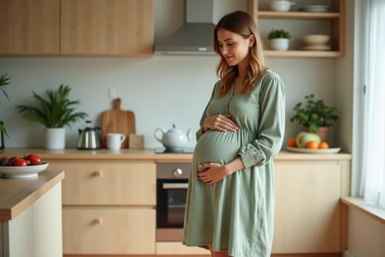 Femme enceinte sereine préparant une tisane dans une cuisine scandinave lumineuse, robe en lin vert sauge, ambiance maternité naturelle et stylée