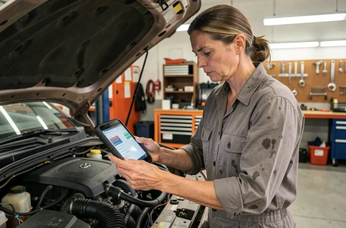 Mécanicienne lisant les codes d'erreur sur un outil de diagnostic automobile devant le moteur ouvert d'une voiture en atelier