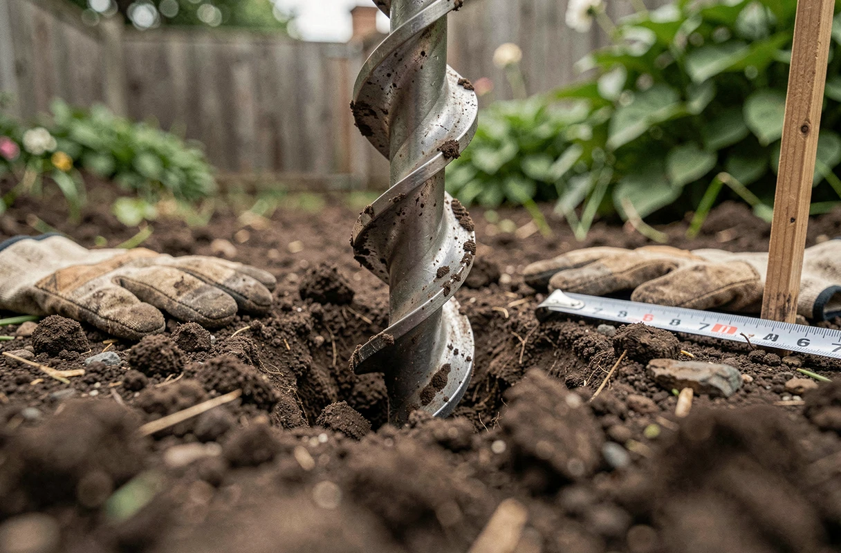 Gros plan sur une mèche de tarière thermique enfoncée dans un sol de jardin humide