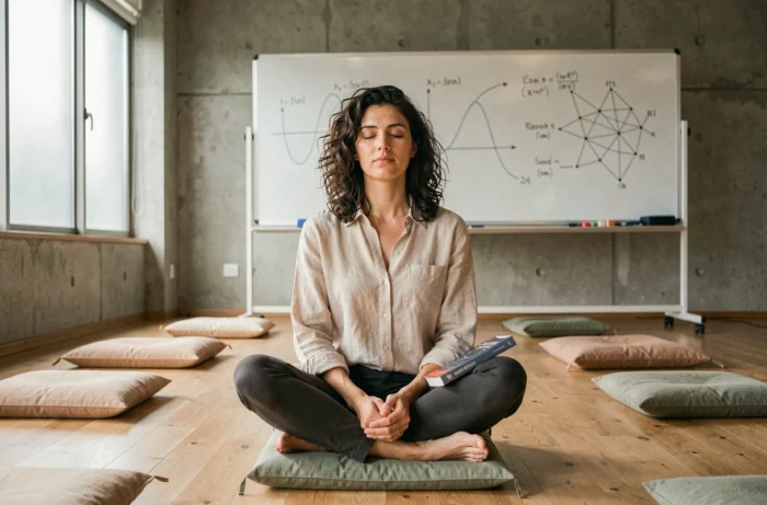 Femme méditant dans une salle universitaire avec des équations de physique quantique et des schémas de synapses au tableau
