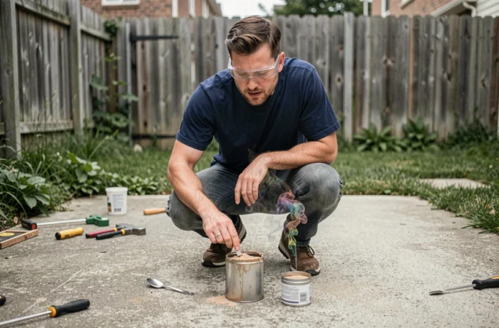 Homme mélangeant des poudres artisanales dans une boîte métallique en extérieur pour créer un effet de fumée colorée spectaculaire