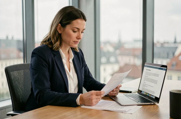 Femme professionnelle consultant les mentions légales d'un site internet suisse dans un bureau moderne
