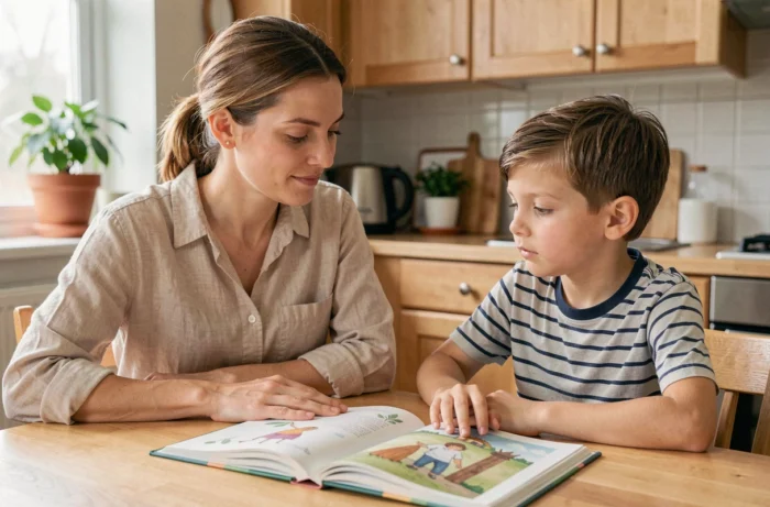 Mère et enfant lisant un livre illustré ensemble à une table en bois dans une cuisine familiale chaleureuse