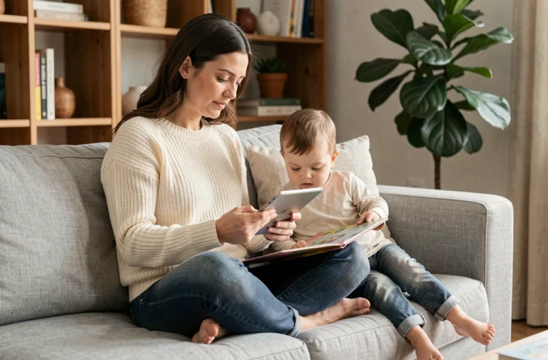 Mère et enfant en bas âge lisent ensemble des actualités parentalité sur une tablette dans un salon cosy