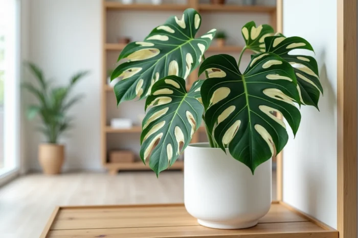 Monstera deliciosa panaché avec ses grandes feuilles vert et crème dans un pot blanc moderne posé sur une étagère en bois