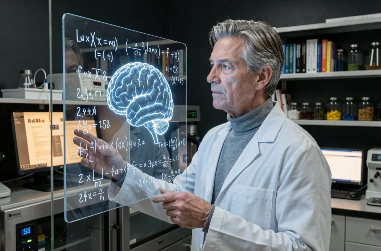 Neuroscientifique étudiant une projection holographique du cerveau humain avec des équations quantiques dans un laboratoire moderne