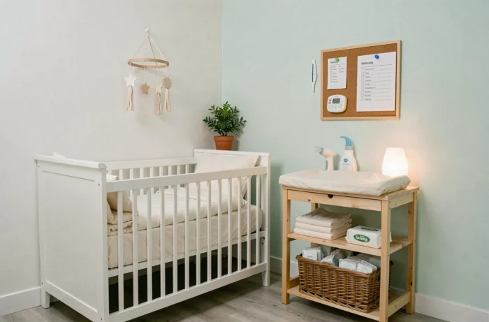 Organized nursery corner with printed baby registry, folded layette, and baby essentials on wooden shelves