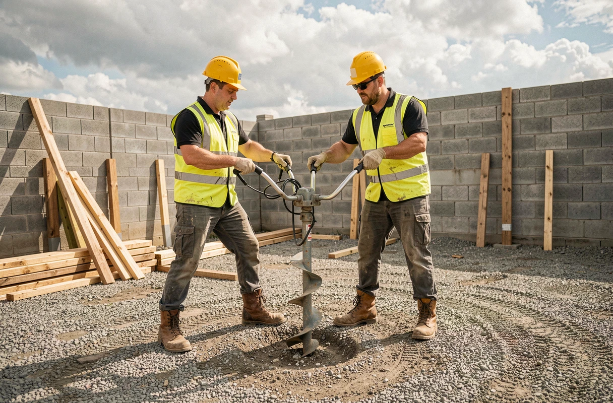 Deux ouvriers maniant une tarière thermique à deux poignées sur un chantier de construction