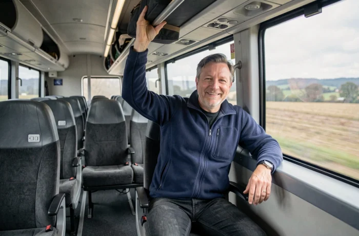 Passager installant ses bagages dans un bus interurbain français confortable
