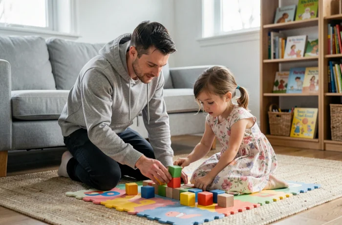 Père et jeune fille jouant avec des blocs en bois colorés sur un tapis doux dans un salon familial ordonné
