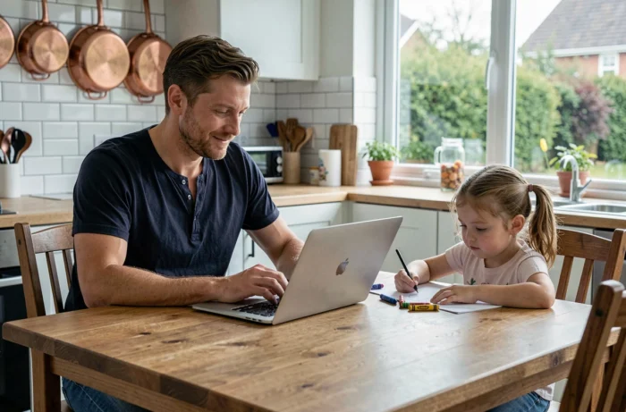 Père travaillant sur ordinateur portable avec sa fille qui dessine à côté de lui dans une cuisine familiale