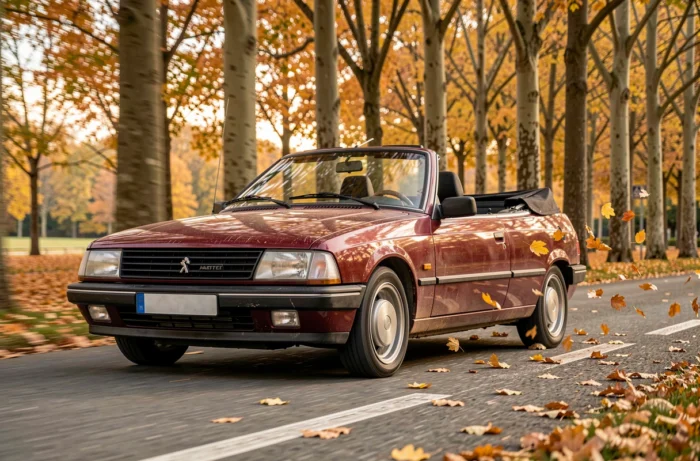 Bordeaux Peugeot 305 convertible in motion on a country road lined with trees in autumn colors