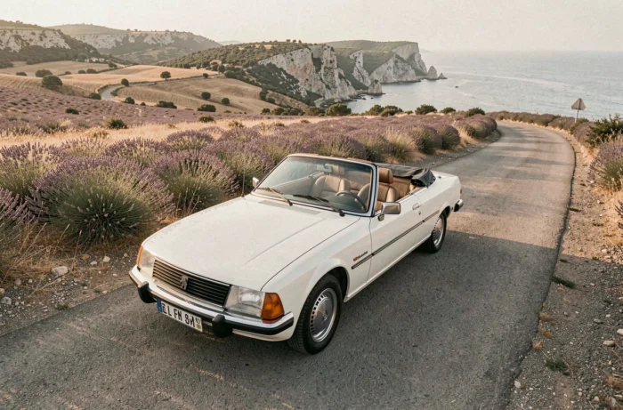 Peugeot 305 cabriolet blanche capote baissée sur route côtière provençale entourée de champs de lavande