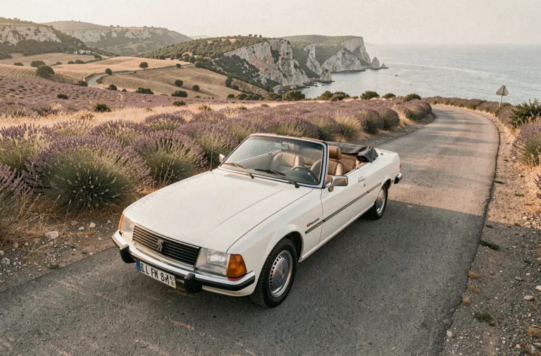 Peugeot 305 cabriolet blanche capote baissée sur route côtière provençale entourée de champs de lavande