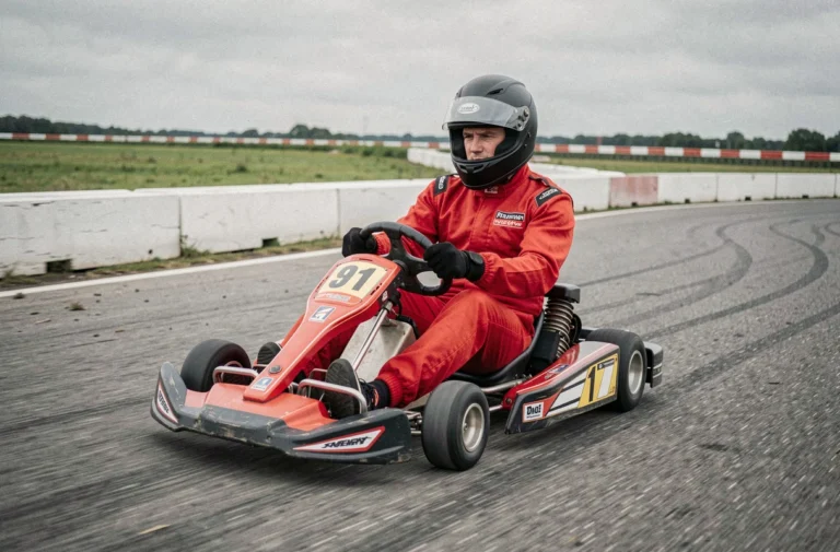 Pilote en combinaison rouge au volant d'un kart de location sur un circuit extérieur en Belgique