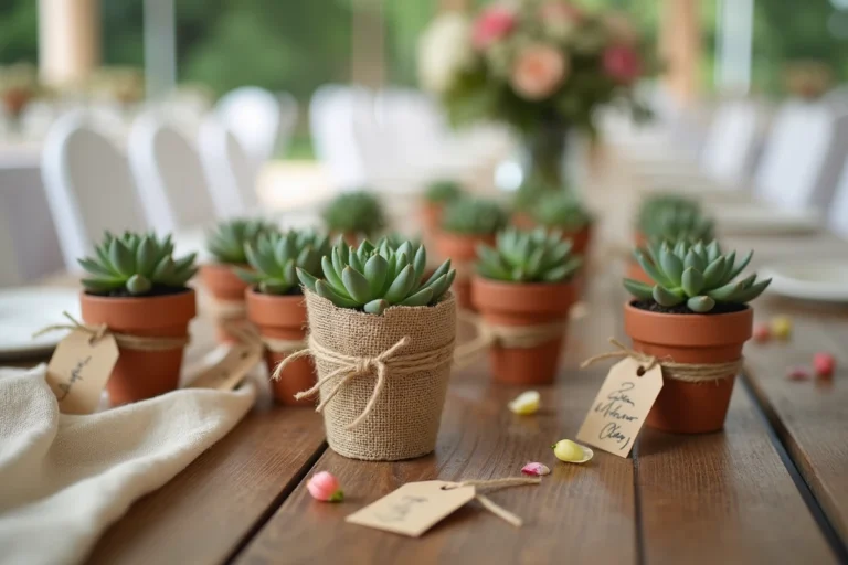 Assortiment de plantes en pots offertes en cadeaux de mariage, disposées sur une table décorée avec du papier kraft et de la ficelle