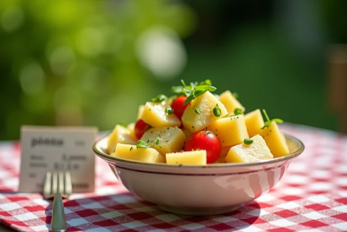 Portion de salade piémontaise servie dans un bol de bistrot vintage sur une terrasse de jardin, avec une note nutritionnelle manuscrite