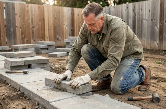 Homme posant des pavés béton dans une allée de jardin en cours d'aménagement, avec outils et matériaux au sol