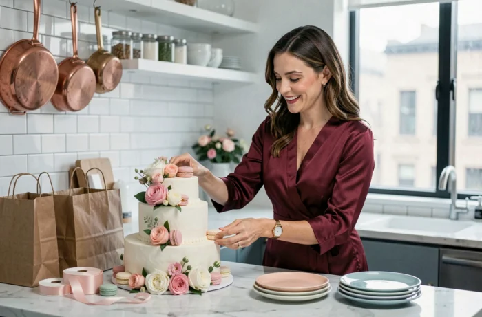 Femme élégante préparant un gâteau d'anniversaire décoré de fleurs fraîches dans une cuisine moderne pour une fête originale