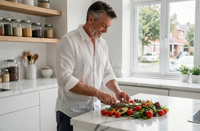 Man die een frisse en kleurrijke salade bereidt in een moderne keuken, wat een gezonde en evenwichtige voeding symboliseert in het dagelijks leven