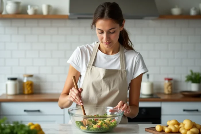 Femme préparant une salade piémontaise dans une cuisine moderne, mélangeant les ingrédients dans un grand bol en verre