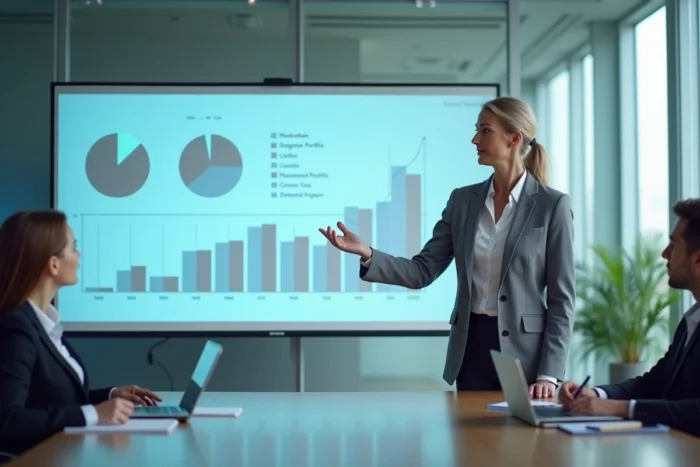 Femme cadre présentant une stratégie d'investissement blockchain diversifiée lors d'une réunion d'entreprise
