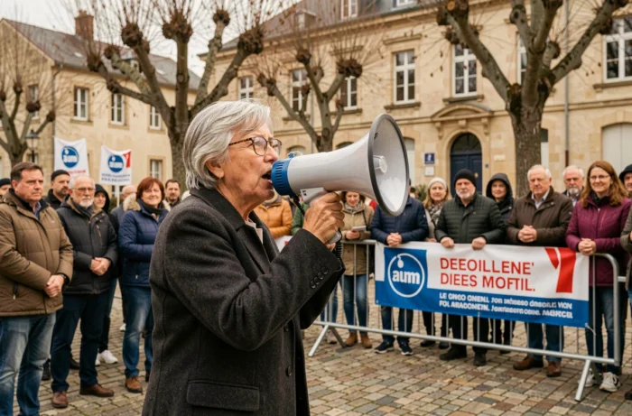 Militante syndicale prenant la parole au mégaphone lors d'un rassemblement citoyen sur une place de ville française