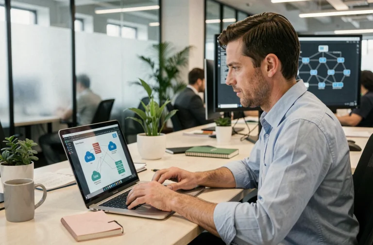 Professionnel IT analysant l'emplacement de stockage des données OneDrive sur son ordinateur portable en open space