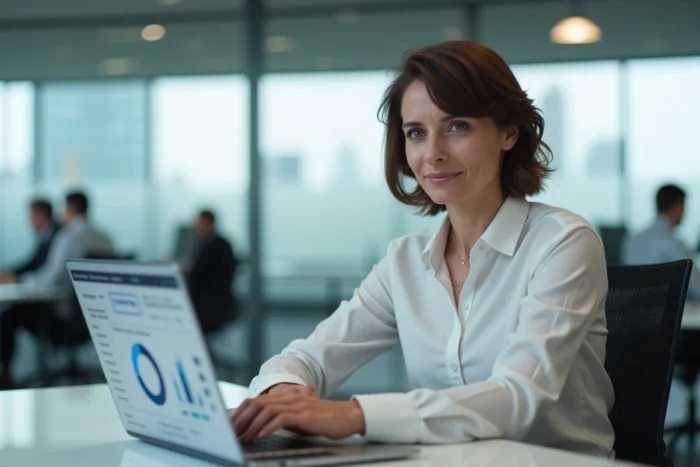 Professionnelle en informatique analysant un tableau de bord de sécurité antivirus sur un ordinateur portable au bureau