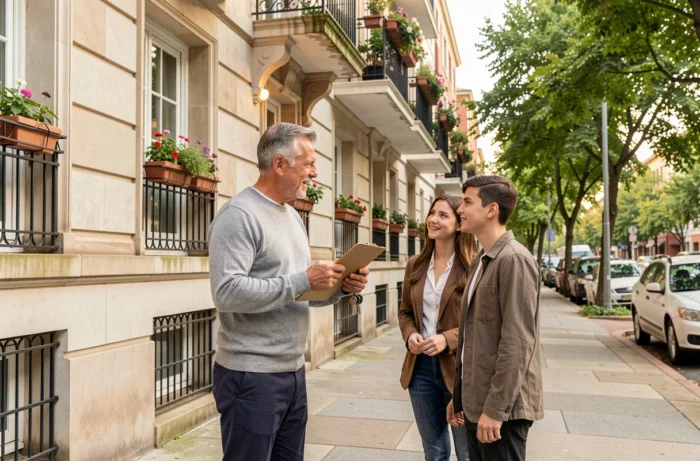 Propriétaire bailleur montrant un appartement locatif à des locataires potentiels devant un immeuble résidentiel