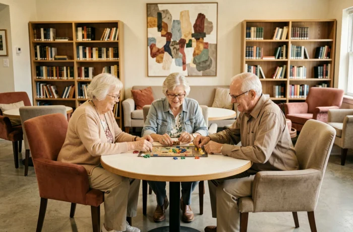 Groupe de seniors partageant un moment de jeu convivial dans l'espace commun d'une résidence senior haut de gamme