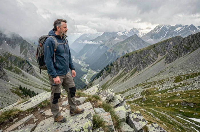 Hiker contemplating a panorama of alpine mountains from a rocky ridge during a trip